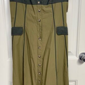 Anthropologie Olive Green and Dark Forest Panel Button-Front Dress